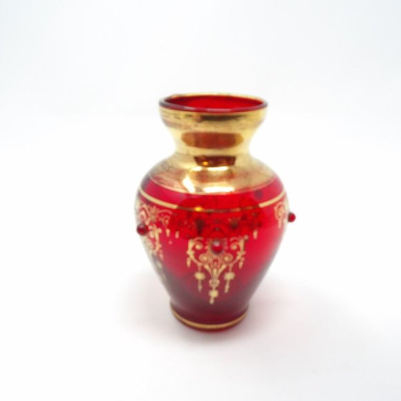 Vintage Hand Blown Red Glass Vase with Gold Design and Red Applied Glass Dots 4 - Picture 4 of 10